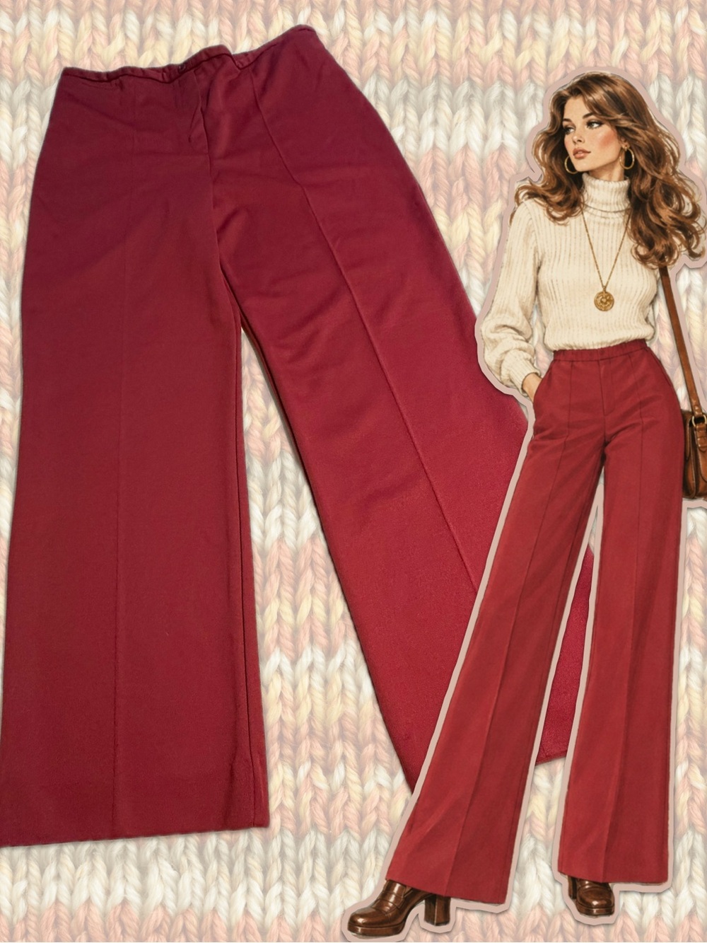 VINTAGE 70s rust red trouser pants wide straight leg pull on elastic waist retro